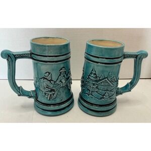 Vintage Ceramic Beer Stein Set 2pc Teal Blue Relief Cabin Scene 6in‎